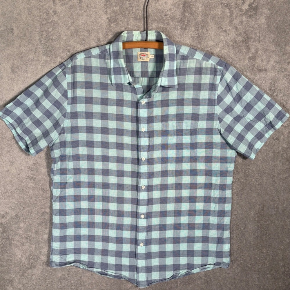 Faherty Mens L Linen Blend Gingham Button Up Shirt Blue Buffalo Check S/s